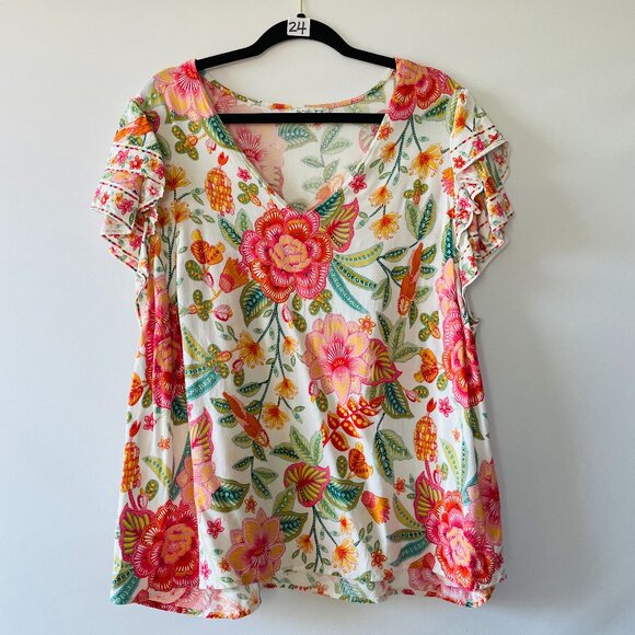 Rachel Zoe Womens Multicolor Flared Sleeve Colorful Floral Print Blouse Size 2X - Picture 1 of 7